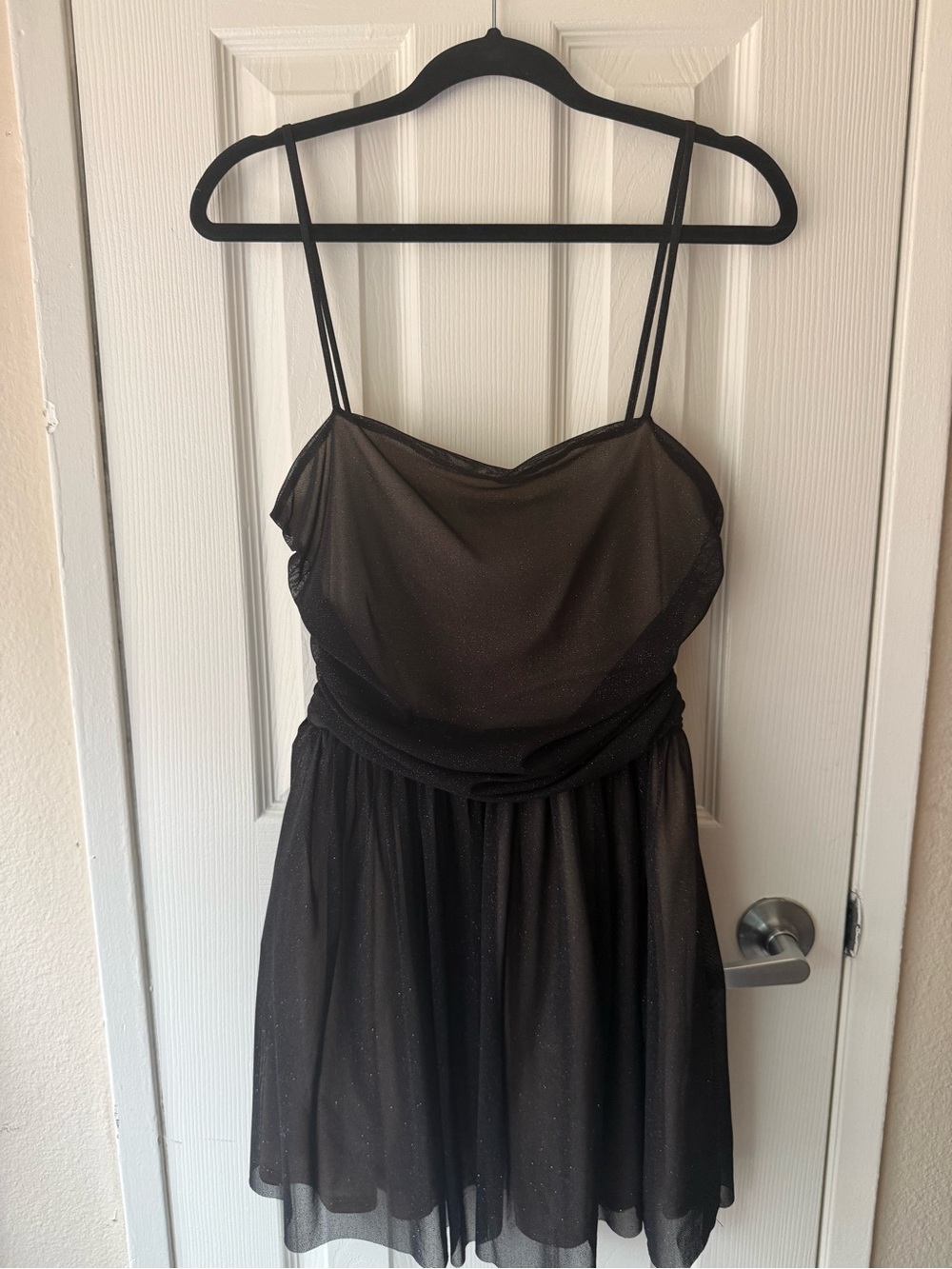 Black Spaghetti-Strap Party Dress - Elegant Sheer Overlay